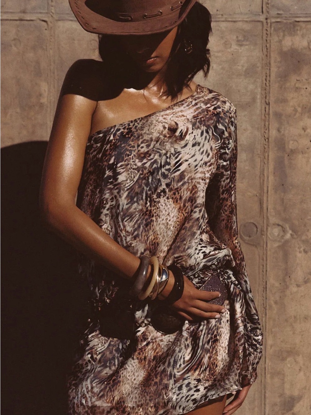 12th Tribe One-Shoulder Animal-Print Dress in Brown and Tan